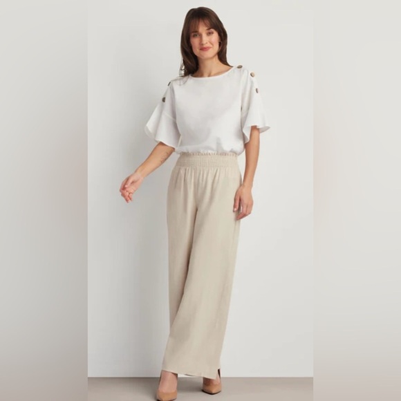 Women’s Ellen Tracy Linen Blend Smocked Ruffled Wide Leg Spring Summer Pants - Picture 2 of 6